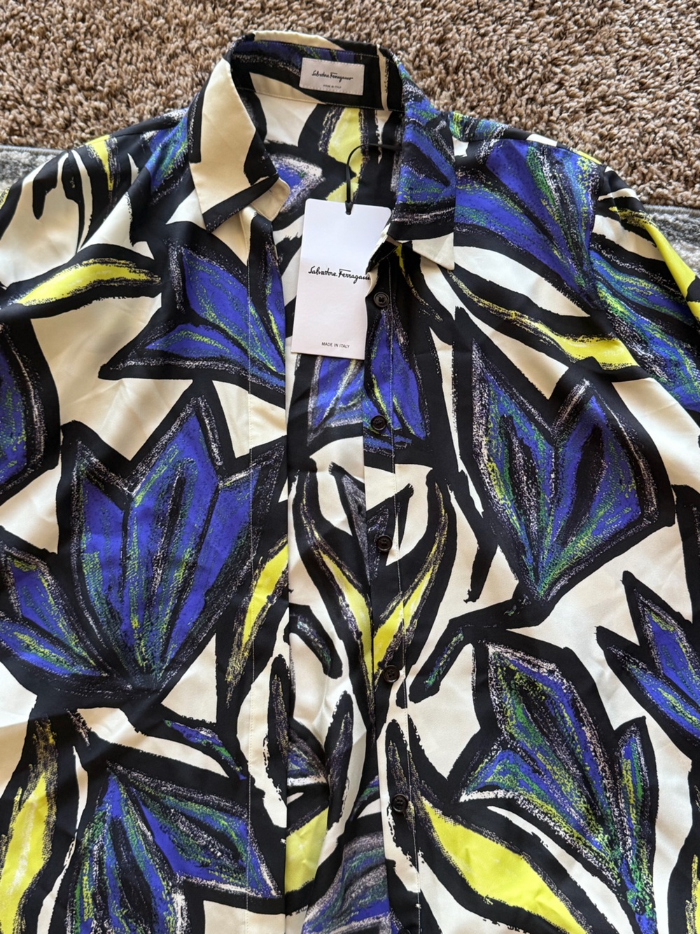 Salvatore Ferragamo Black, Cream & Blue Abstract Floral Button-Up